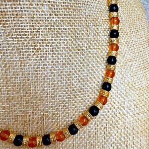 Black‎ & Amber Colored Glass Beaded Necklace Gold Tone Accents 17” Lobster Clasp